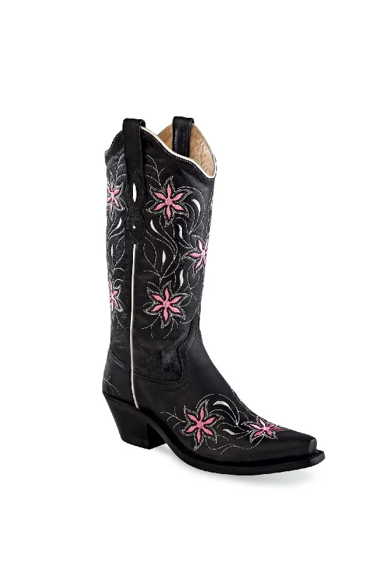 Old West Black Womens Leather Floral Cowboy Boots