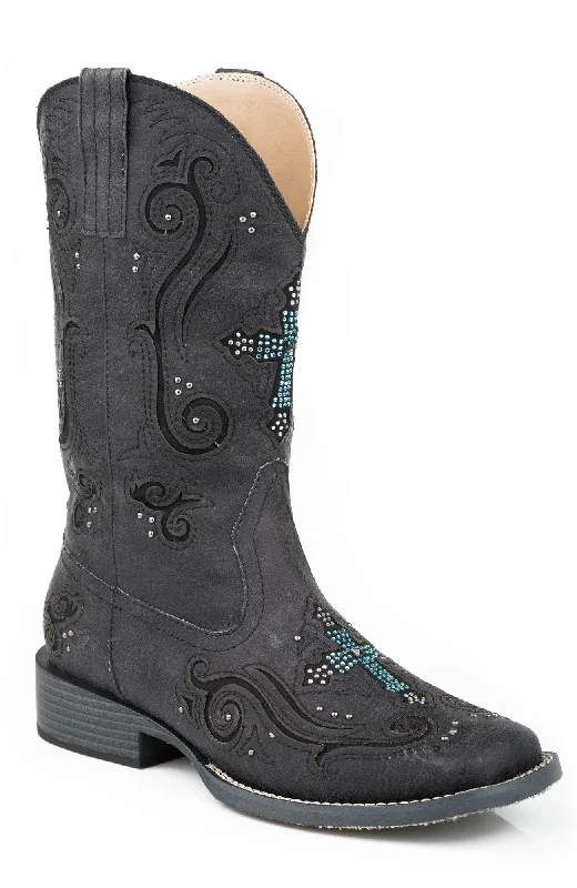 Roper Boots Ladies Black Faux Leather Crystal Cross Faith Cowboy