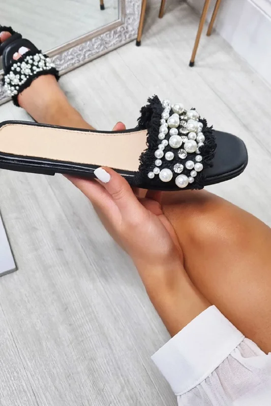 BLACK PU DIAMANTE STUDDED SLIP ON SLIDERS