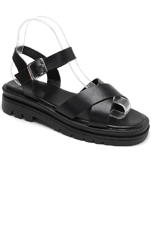 BLACK CHUNKY FLAT PLATFORM ANKLE STRAP SUMMER SANDALS