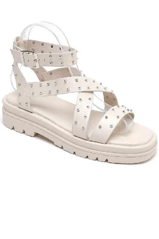 BEIGE CHUNKY FLAT PLATFORM STUDDED ANKLE STRAP SUMMER SANDALS