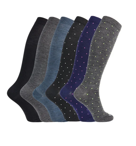 80% Rich Merino Wool Everyday Compression Socks (15-20mmHg) - Pin Dots - 6 Pack